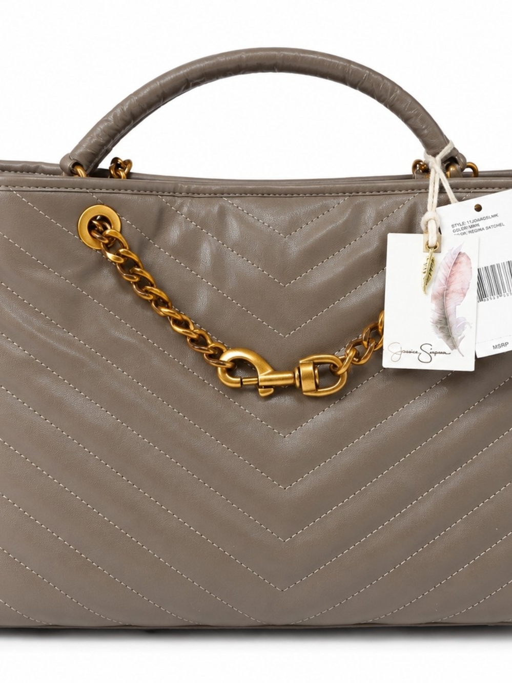 Jessica Simpson Regina Satchel Tote Mink Taupe NWT Quilted Gold Chain Purse